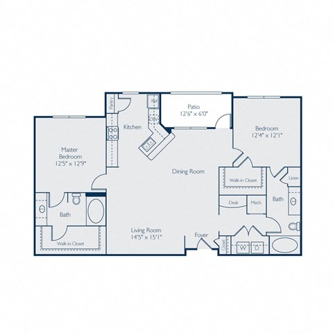 Floor plan for 2 beds, 2 baths, 1250 sqft